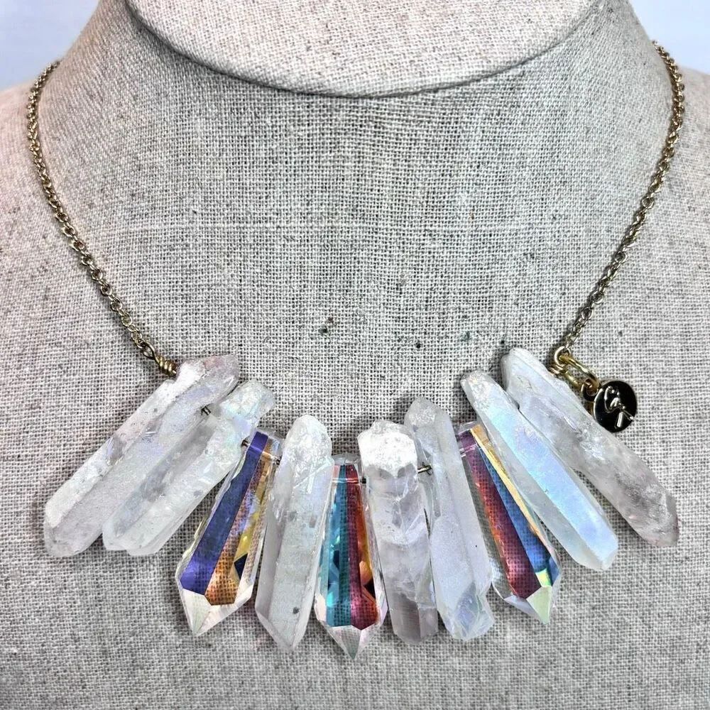 RARE AB Quartz Clustered Crystal Healing Statement Necklace Rainbow Gold-tone 20